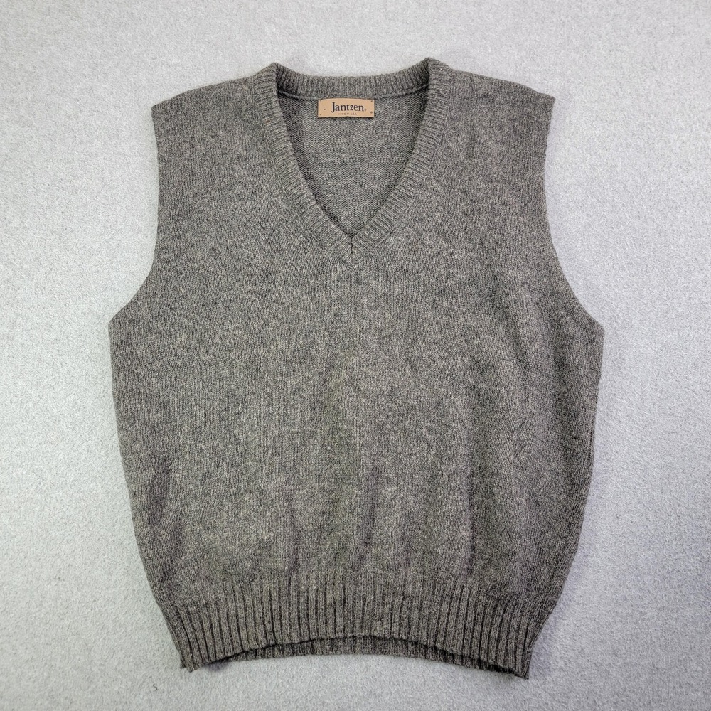 Jantzen Sweater Vest Mens Large Gray V-Neck Knit Pullover Made In USA Sleeveless